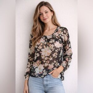 LC Lauren Conrad Sheer Floral Blouse Black Cream Lightweight Romantic Top S